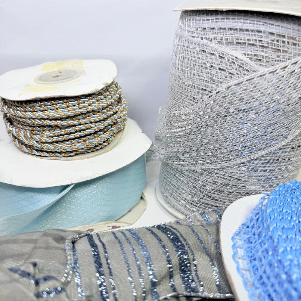 Blue Silver Craft Ribbon Trim Lot Deco Mesh Braided Cord Metallic 6pc Crafting